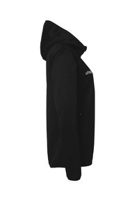 Schwarze Kapuzenjacke mit langen Ärmeln und einer seitlichen Reißverschlusstasche, von der linken Seite auf einem weißen Hintergrund gezeigt.