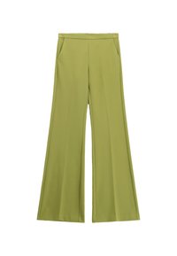 Pantaloni verde oliva a vita alta con gamba larga e tasche laterali, esposti piatti su uno sfondo bianco.