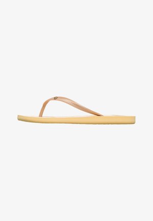 Flip-flop sandal with a blush pink strap and a textured yellow sole. The strap features a herringbone pattern and a small metallic accent.