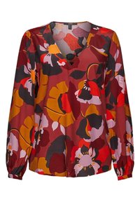 Blouse à manches longues avec col en V et grand motif floral aux tons rouges, orange, noirs et roses sur fond bordeaux.