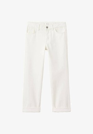 Bijele traperice ravnog kroja, klasičnog stila s pet džepova i obrubljenim rubovima. Mekana tekstura s minimalnim brojem metalnih detalja.