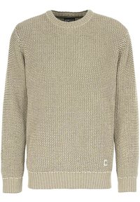 Stickad tröja i en dämpad beige färg med ett texturerat mönster, rund halsringning och ribbade ärmar och nederkant. Har en liten logotags.