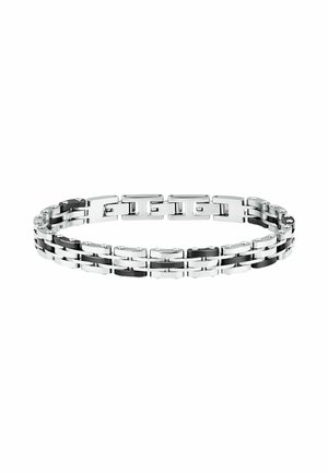 Bracciale in metallo argento e nero con segmenti rettangolari e quadrati, disposti in un design a catena a doppia fila.