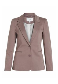 Blazer taupe avec col à revers, deux boutons sur le devant et poches latérales. Intérieur avec doublure rayée claire. Texture de tissu lisse.