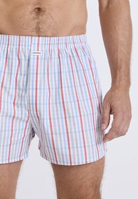 Boxer da uomo in tessuto leggero. Presenta un motivo a righe in rosso, blu e bianco. Vita elastica con etichetta "JOCKEY".