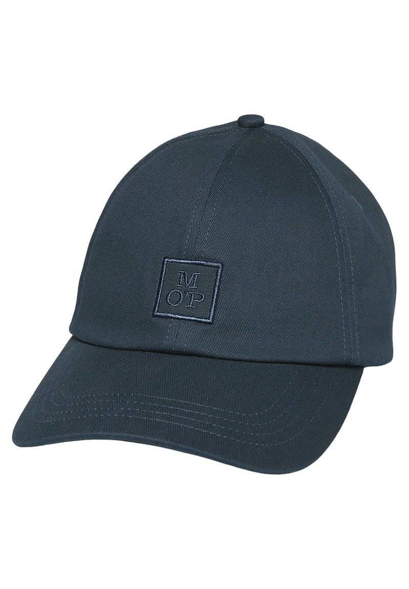 Donkerblauwe pet gemaakt van katoen, met een stevige gebogen klep en een geborduurd vierkant logo aan de voorkant.