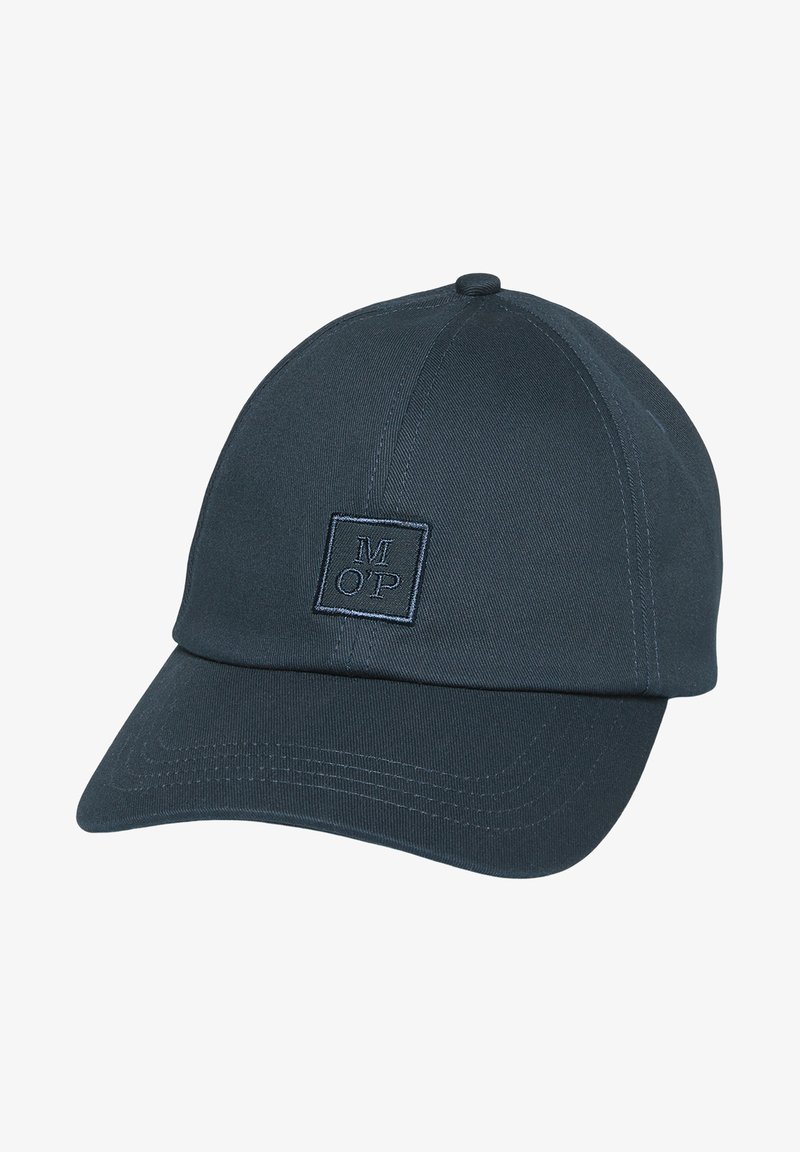 Dark blue cap made of cotton fabric, featuring a solid curved visor and an embroidered square logo on the front.