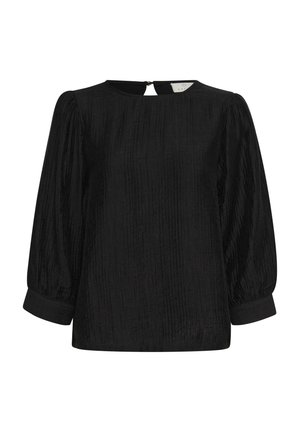 Bluză neagră cu un model texturat, guler rotund și mâneci lungi, cu volane. Prezintă o deschidere în formă de cheie la spate și mâneci cu manșete.