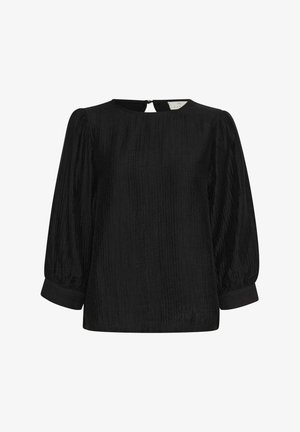 Crna bluzica sa teksturiranim uzorkom, okruglim izrezom i dugim, skupljenim rukavima. Ima otvor za ključ na leđima i rukave sa manžetama.