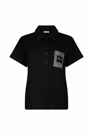 Polo noir à manches courtes avec patte de boutonnage et une poche carrée brillante sur la poitrine gauche arborant le logo "LIU JO MILANO".