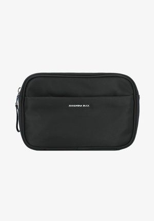 Pochette noire zippée fabriquée en nylon durable avec une surface texturée. Comprend une poche avant et un logo « Mandarina Duck » en argent.
