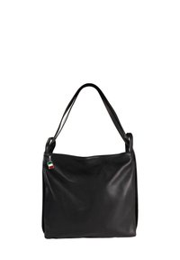 Sac en cuir noir avec une texture lisse, de forme large, avec une poignée supérieure et un petit accent du drapeau italien.