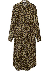 Kuvioitu leopardi-aktikka mekko ruskeana ja mustana, nappikiinnitys edessä, pitkät hihat, pehmeä kangas ja kaareva helma.