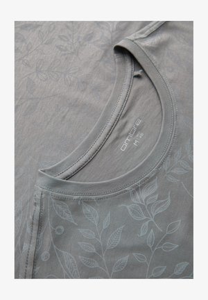 Hellgraues T-Shirt mit dezentem botanischem Blattmuster und rundem Halsausschnitt, Größe Medium, mit der Aufschrift "Ombre".