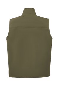 Olivenfarbener ärmelloser Weste mit Stehkragen, aus einem glatten Stoff gefertigt. Verfügt über keine sichtbaren Beschläge oder Taschen. Schlichte Rückseite.