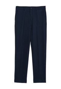 Navyblaue Hosen aus weichem Stoff, mit geradem Schnitt, zwei Fronttaschen, einem Knopfverschluss und dezenten Falten für zusätzliche Details.