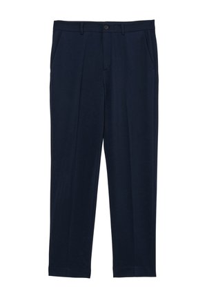 Navyblaue Hosen aus weichem Stoff, mit geradem Schnitt, zwei Fronttaschen, einem Knopfverschluss und dezenten Falten für zusätzliche Details.