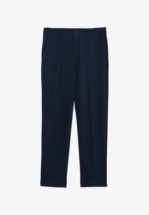 Navyblaue Hosen aus weichem Stoff, mit geradem Schnitt, zwei Fronttaschen, einem Knopfverschluss und dezenten Falten für zusätzliche Details.