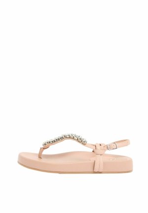 Hellrosa flache Sandale mit Zehensteg und Knöchelriemen, verziert mit einer Reihe großer klarer Strasssteine auf dem oberen Teil.