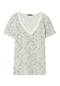 Lichtgroene V-hals T-shirt met een wit bladerenpatroon. Gemaakt van zachte stof, met korte mouwen en contrasterende steken langs de halslijn.