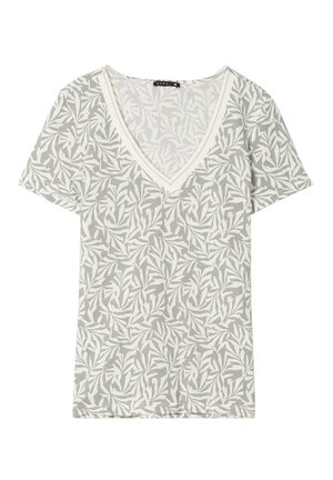 T-shirt vert clair en V avec un motif de feuilles blanches. Fabriqué en tissu doux, avec des manches courtes et des coutures contrastantes le long de l'encolure.