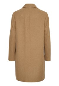 Light brown wool blend coat with a tailored collar, long sleeves, and a straight cut. Features a smooth texture and minimalistic design.