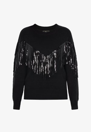Maglione nero con un design a V di frange in paillettes nere e argento che attraversano il petto. Collo a giro classico e orlo a coste.