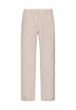 Pantalones relajados color beige claro, con cintura elástica, cierre de cordón y pierna recta; fabricados con tejido transpirable y de textura suave.