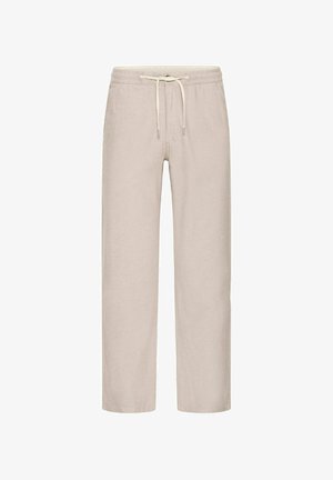 Pantalones relajados color beige claro, con cintura elástica, cierre de cordón y pierna recta; fabricados con tejido transpirable y de textura suave.