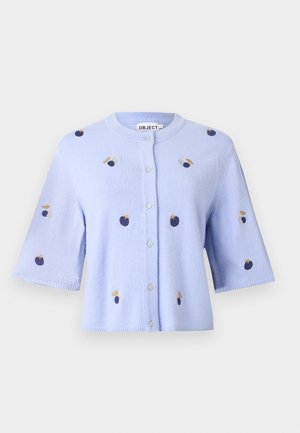 Light blue short-sleeve button-up cardigan with embroidered dark berries and leaves scattered across the fabric.