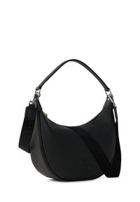 Borsa a mano in finta pelle nera con forma curva, dotata di chiusura con zip, manico corto in alto e tracolla removibile con dettagli logo.