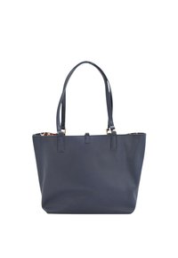 Granatowa torba tote o teksturowanym wykończeniu z dwoma długimi uchwytami, charakteryzująca się sztywnym kształtem i złotymi akcentami na paskach.
