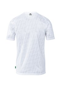 Witte korte mouwen shirt met een gestructureerd geometrisch patroon, ronde halslijn en een groene label aan de zoom. Het materiaal lijkt lichtgewicht en ademend te zijn.