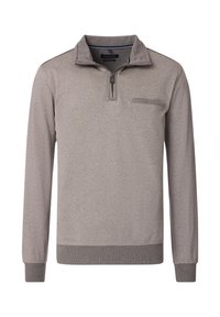 Grauer Langarmpullover mit Reißverschlusskragen, strukturiertem Stoff und einer Brusttasche. Verfügt über gerippte Bündchen und Saum für eine taillierte Passform.