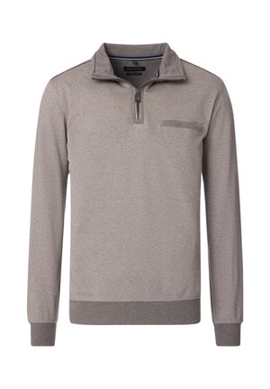 Grauer Langarmpullover mit Reißverschlusskragen, strukturiertem Stoff und einer Brusttasche. Verfügt über gerippte Bündchen und Saum für eine taillierte Passform.