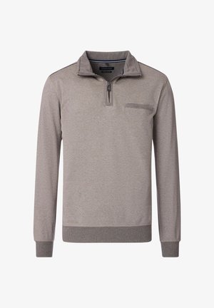 Pullover grigio a maniche lunghe con colletto zip, tessuto strutturato e taschino sul petto. Presenta polsini e orlo a coste per un look aderente.
