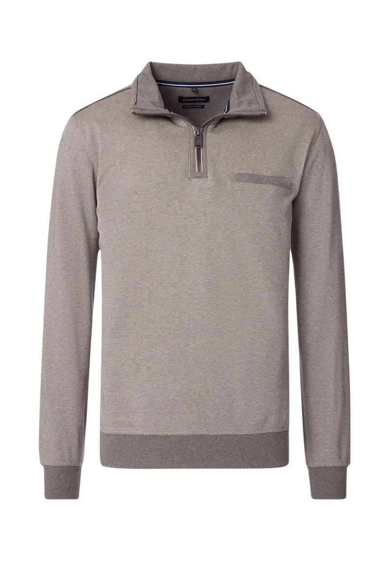 Grauer Langarmpullover mit Reißverschlusskragen, strukturiertem Stoff und einer Brusttasche. Verfügt über gerippte Bündchen und Saum für eine taillierte Passform.