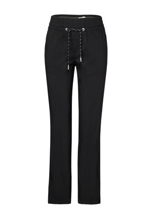 Pantaloni neri realizzati in tessuto morbido, con una vita elasticizzata dotata di un cordoncino da stringere e due tasche laterali per maggiore comodità.