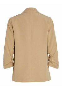 Blazer beige à manches longues avec col, vu de dos, avec des manches légèrement froncées et un ourlet droit.