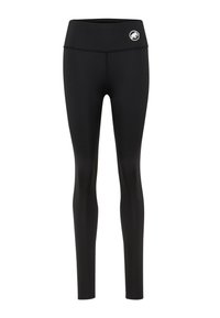 Leggings fitness neri con vita alta, realizzati in tessuto elasticizzato, con un piccolo logo bianco in vita. Texture liscia in tutto il capo.