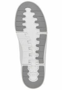 Podeszwa sneakersów z białą podstawą, szarymi wzorami i rowkami z gumy antypoślizgowej, oznaczona rozmiarem 37 oraz logo.