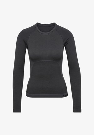 Langærmet atletisk top i mørkegrå, med en tætsiddende design, ribbet tekstur og kontrasterende sømdetaljer langs skuldrene.