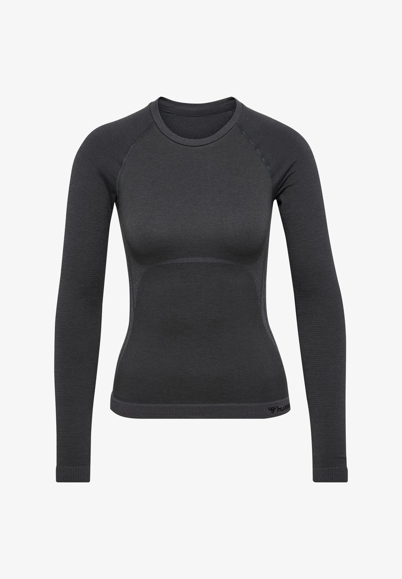 Długosleeve'owy sportowy top w ciemnoszarym kolorze, z dopasowanym krojem, prążkowaną fakturą oraz kontrastowymi przeszyciami na ramionach.