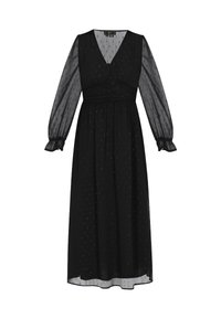 Schwarzes Midikleid mit transparenten langen Ärmeln, V-Ausschnitt, taillierter Taille und subtilem gepunktetem Muster im gesamten Stoff.