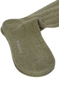 Calzini a coste verde oliva realizzati in materiale morbido, con punta arrotondata e logo inciso "PEROFIL" in una tonalità più chiara sul lato.