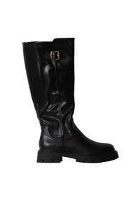 Botte noire en cuir montant jusqu'au genou avec semelle épaisse et détail de boucle latérale, profil gauche sur fond blanc.