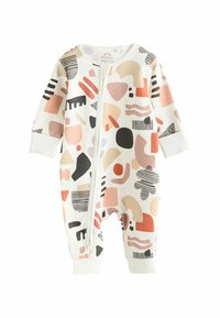 Un body blanc pour bébé avec un motif abstrait coloré comprenant diverses formes en rose, noir et orange ; fermeture éclair à l'avant.
