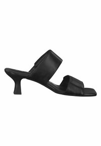 Black leather heeled sandals with two wide straps across the foot, open toe design, and a short, tapered heel. Smooth texture, minimal detailing.