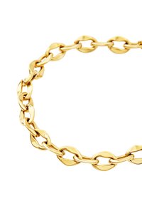 Złoty naszyjnik z łańcuszka o owalnych ogniwach, charakteryzujący się błyszcząca powierzchnią i gładką fakturą. Każde ogniwo ma inny kształt, co zwiększa zainteresowanie wizualne.