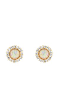 Orecchini a bottone rotondi in oro con pietre di opale centrali circondate da un'aureola di piccoli diamanti bianchi.